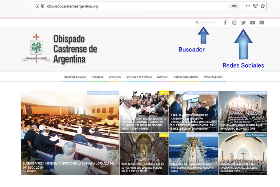 Tapa de página de Obispado Castrense de Argentina; Buscador; Redes Sociales