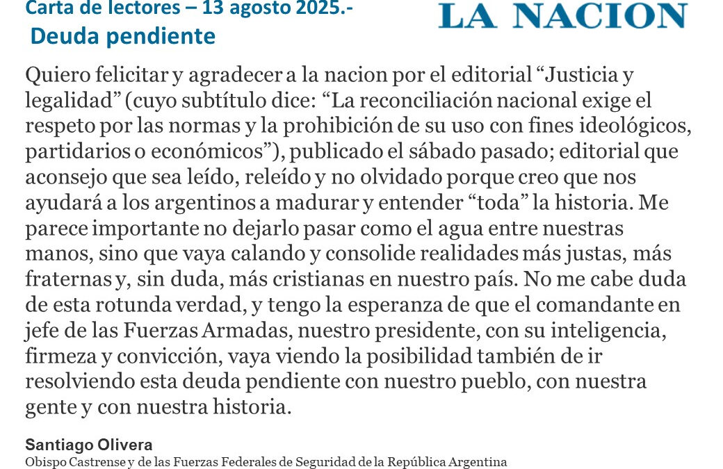 Mons. Olivera felicita por el editorial Justicia y Legalidad publicado en el Diario La Nación